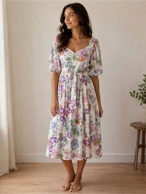 American Rag White Midi Dress with Pastel Floral Print. Size XL and Med. NWT